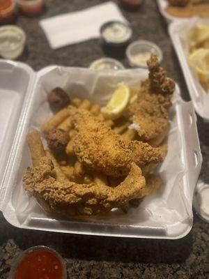 catfish fries and hush puppies and the sweet chili sauce