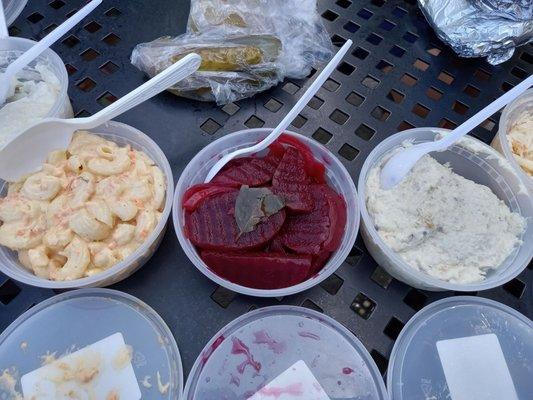 Macaroni salad, beets, whitefish