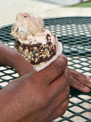 Salted caramel pretzel with chocolate waffle cone