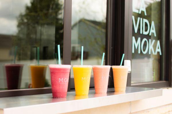 Smoothies (left to right): Mixed Berry, Mango, Strawberry Banana, Megaberry Mango