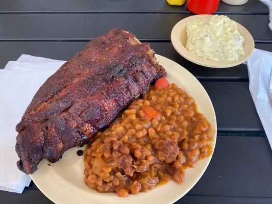 Bbq ribs w/ side of beans and potato salad