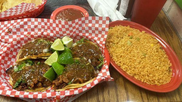 Tacos Al pastor with extra limes and red sauce, side of rice