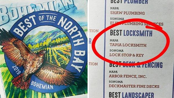 2019 Voted the Best Locksmith in Sonoma County! Thank you and to the Bohemian paper for the award.  Call us for new or lost keys. 707-621-53