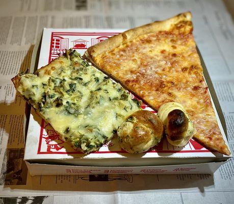 Spinach-artichoke grandma, plain slice and garlic knots, all solid.