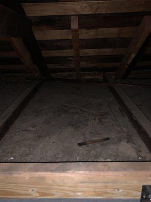 Unfinished attic floor at the new entry point, with no plywood floor installed.