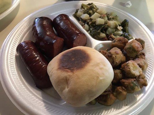 Smokes sausage with fried okra and greens.