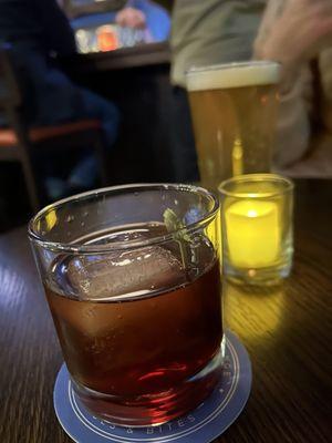 old fashioned and a beer. very nice chill vibe neighborhood bar. must return. looking forward to trying the food