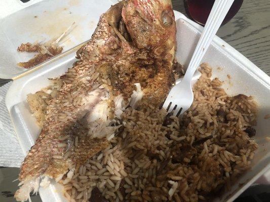 Fried Red Snapper with Rice and Beans and a little oxtail gravy