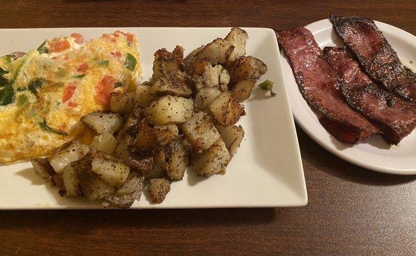 Veggie Omelet with home fries and turkey bacon