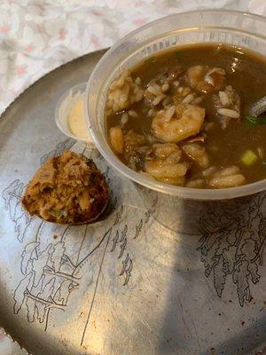 Seafood gumbo and boudin ball