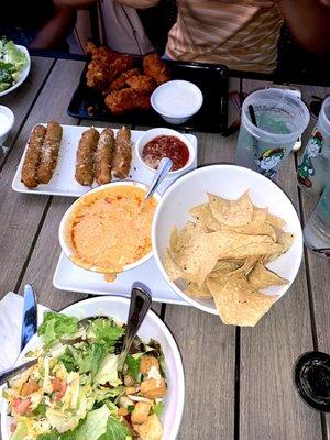 Side salad. Buffalo dip with chips. mozzarella sticks.buffalo wings.