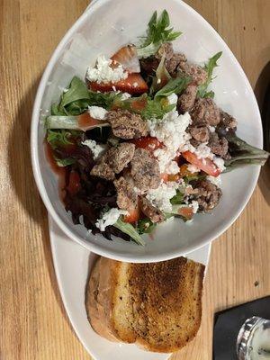 Strawberry field salad and grilled cheese with beef meatballs.