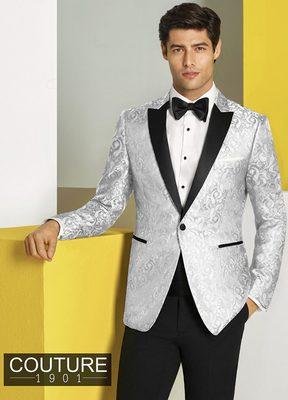 Couture 1910 
 White Paisley "Chase" with Black Peak Lapel Tuxedo