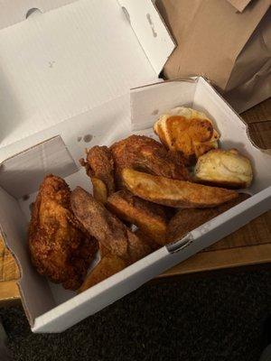 2 Pieces Fried Chicken Dinner with jojos, salad and garlic knots.