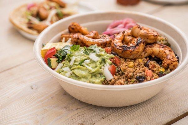 Cabo Shrimp Bowl with housemade guacamole and organic quinoa