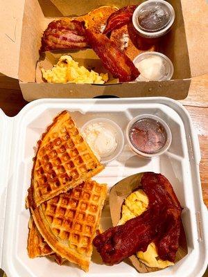 Delicious carbs on the takeout menu. | Pumpkin Pancake Special (top) & Waffle Special (bottom)