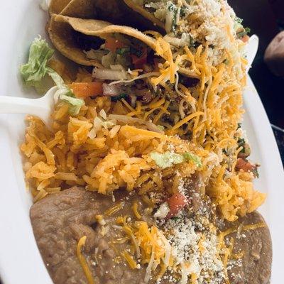 Beef tacos, rice & beans.