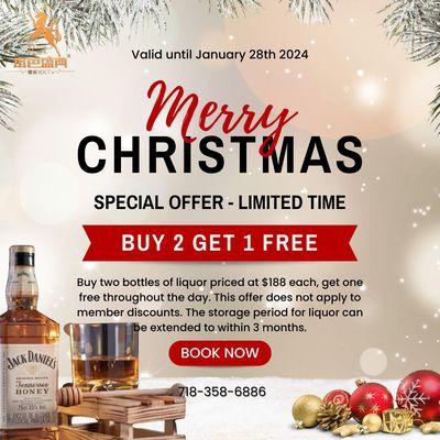 Buy two bottles of liquor priced at $188 each, get one free throughout the day. This offer does not apply to member discounts.