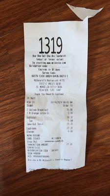 Why was my car used for a breakfast run at 8:43AM? See attached receipt found in my car purchased by Matt.