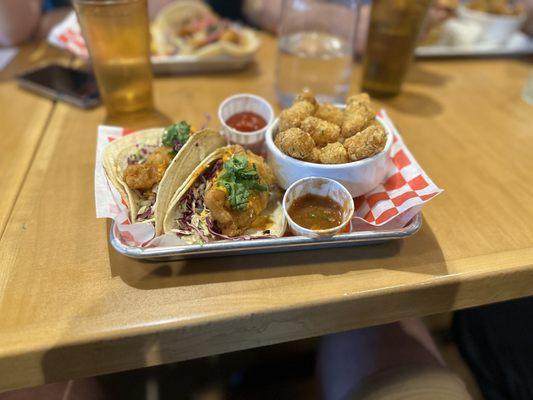 Fish Tacos with mango salsa and Tater Tots