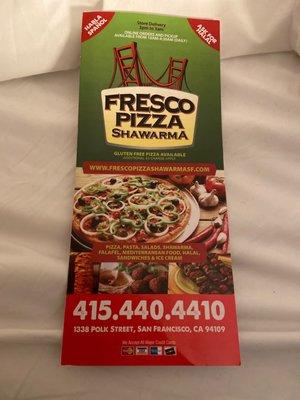 Fresco Pizza Shawarma menu with "We accept all major credit cards" at the bottom.