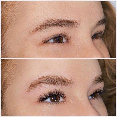 Top: Before
Bottom: After, Brown Eyelash Extensions, Classic Wet Style Full Set