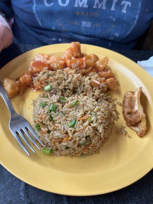 Orange chicken, fried rice, potstickers