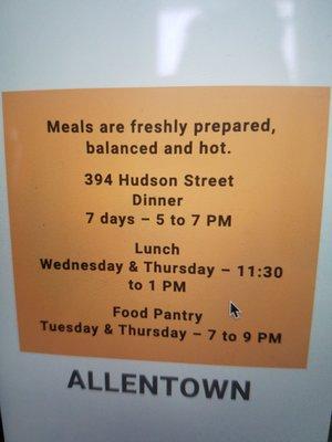 Meals schedule as of 3/3/20