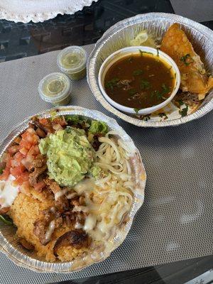 Al pastor burrito bowl with everything, and quesabirria tacos (I ordered two. Ate one before remembering to take a photo).