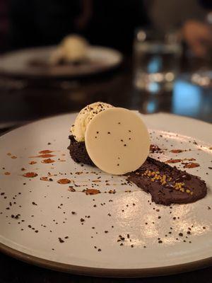 Chocolate cake w/ ice cream and chocolate ganache from chef's tasting menu 1.21.22 @bilalandjesseatfood