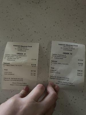 Two reciepts of two different days and prices