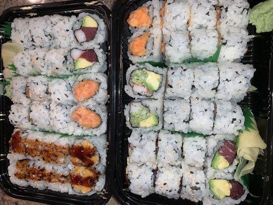 2x lunch special -- tuna avocado, Tokyo, sweet potato, spicy salmon crunch, spicy tuna, and California rolls