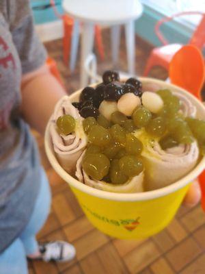 Rolled Taro Ice Cream with matcha pearls, tapioca pearls, and mini mochi.