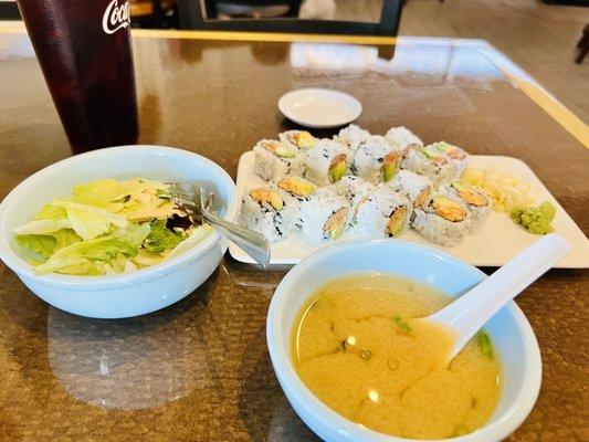 Lunch Special Rolls (2): Crawfish roll and Salmon Avocado Roll, miso soup, and House Salad