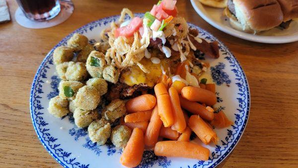 Cheesy Bacon Home Style Fried Chicken with carrots and okra. The beading was chewy and I had to send it back.