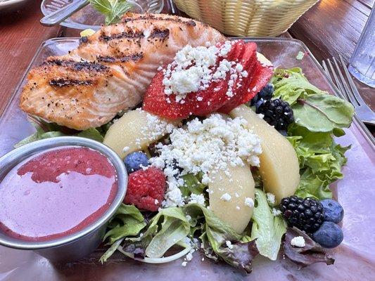 Salmon added to the berry salad with raspberry dressing--very yum!