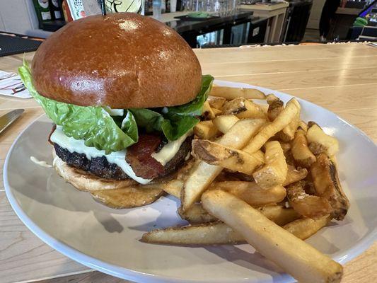 Classic burger (with added bacon) and fries 5/19/2024