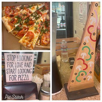 Tomato, feta, mozzarella, & red onion slices. Love the decorations & good advice (bottom left)!