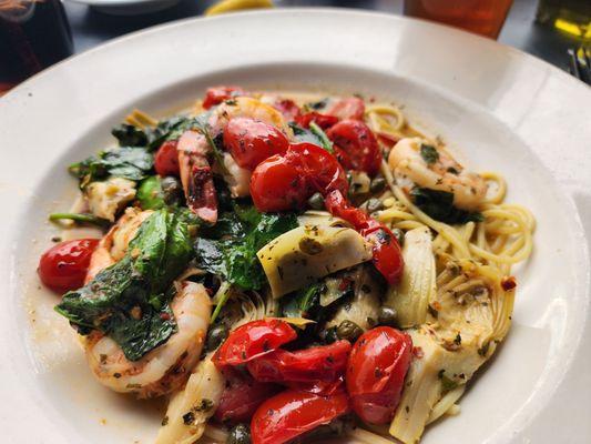 Shrimp Picatta with cherry tomatoes, spinach and artichokes