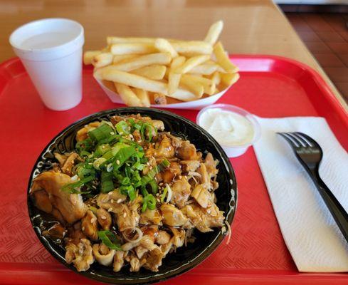 small chicken teriyaki bowl and small fries