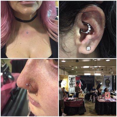 Dermal on chest, Daith with white opal clicker, nostril piercing with NeoMetal stud and our shop booth at the Seaside Tattoo Show