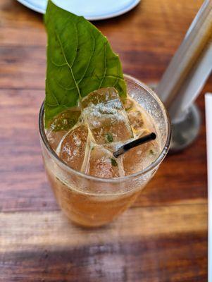 The Manolada. $14. Strawberry-infused rum, fresh lime, basil, and sugar, topped with ginger beer.