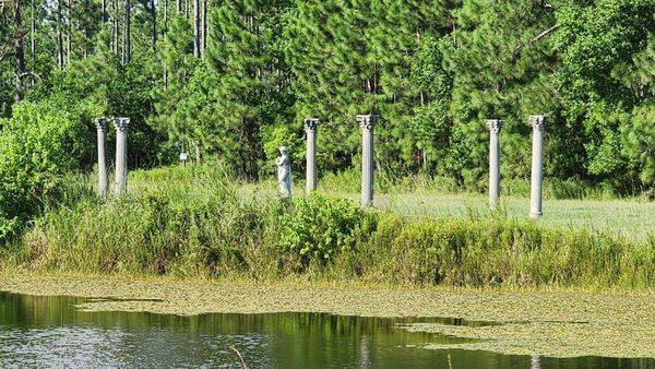 Across Lake view Roman Goddess monument