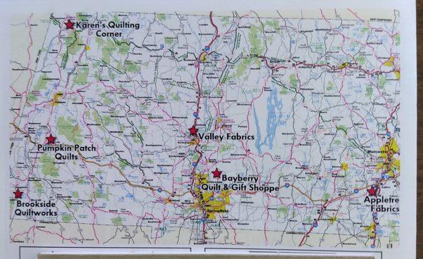 Bayberry Quilt and Gift Shop is located in South West Mass.  Please refer to this map or GPS to locate us.