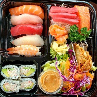 Lunch  bento excellence to go. Came w miso soup too. Salmon tasted like better than butter!!!! BB4. Sushi and Sashimi Bento Box