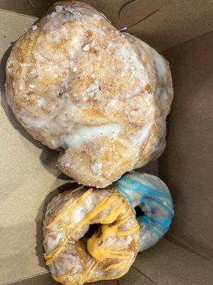 Apple fritter donuts - only available on fridays and their new seasonal pumpkin donut and the classic blueberry donut.