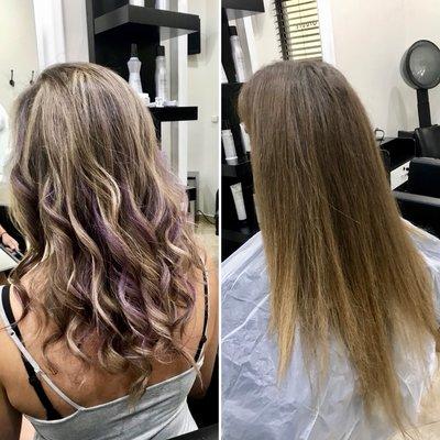 Balayage with purple highlights