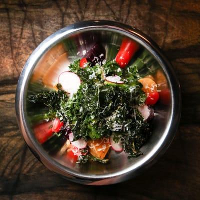 Kailani Kale Salad | Big Island Hearts of Palm, Beets, Radish, Pecorino, Sherry Vinaigrette.