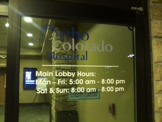 Main lobby hours clearly shown on the main entrance. This "hospital" is NOT open "24 hours" as Yelp seems to think.