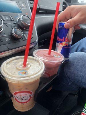 Iced Vanilla Latte, Wild Berry vertigo with Red Bull.